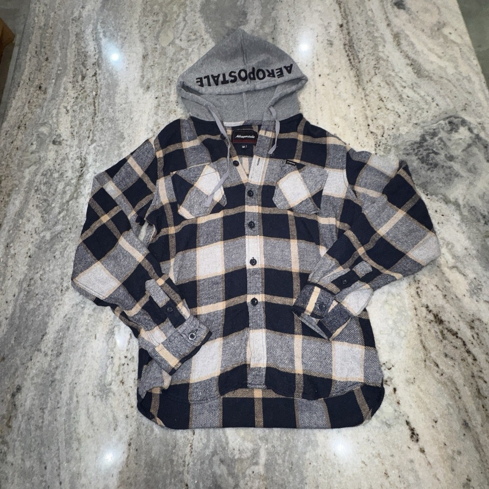 Aeropostale Flannel Hoodie Button Down Plaid Logo Cottage Hipster Y2K Mens Sz M